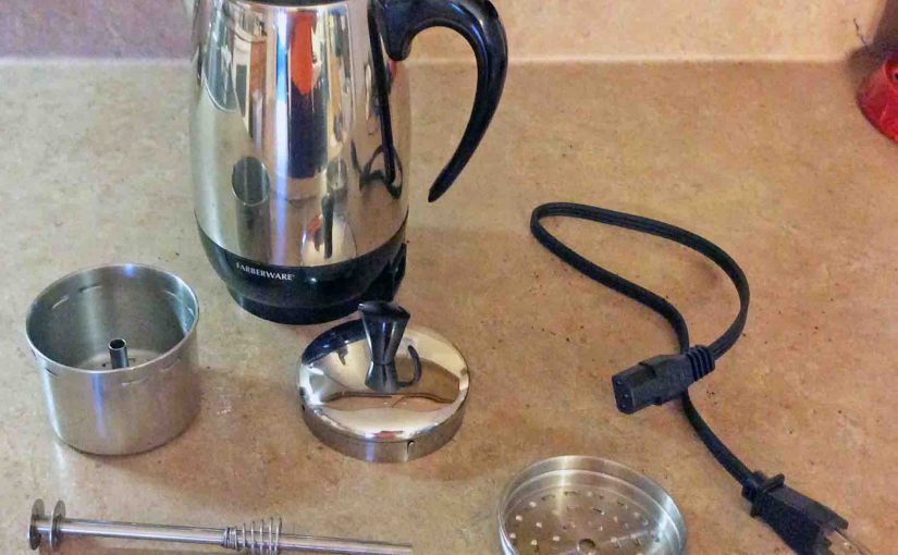 Picture of the Farberware FCP280 Electric Percolator, disassembled, showing all Its parts.
