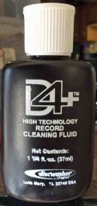Picture of a 1.25 ounce bottle of Discwasher D4+ by RCA Vinyl Record Cleaning Solution.