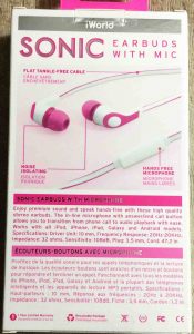 Picture of the back of the box of the iWorld Sonic Ear Buds with Mic.