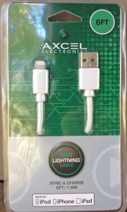 Picture of the packaged Axcel USB Lightning Sync Charge Cable for iPad, iPhone, and iPod.