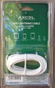 Picture of the rear of the packaged Axcel Electronics USB Lightning Cable.