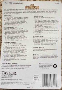 Picture of the printed operating instructions for the Taylor Dual Event Timer, 5872-9, as displayed on the back of the packaging.