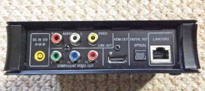 Sony Network Media Player SMP-N200 Rear View, showing the power input, NTSC and component video outputs, HDMI port, optical port, and LAN Ethernet port.
