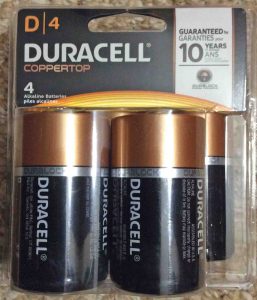 Picture of the front view of the Coppertop Duracell Alkaline D Batteries, 4 Pack.