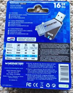Picture of the Monster Digital Coppa High Speed USB Flash Drive, 16 GB Model, back of the original packaging.