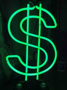 Picture of a green glowing neon money sign lamp, featuring mercury vapor gas, blue based fluorescence.