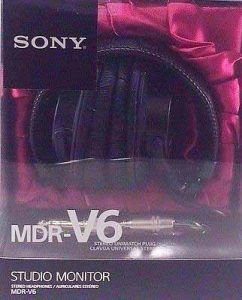 Picture of the Sony V6 studio monitor headphones, original package, front view.