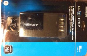 Picture of the CE Tech 4 port 2.1a USB charger in original package, front view.