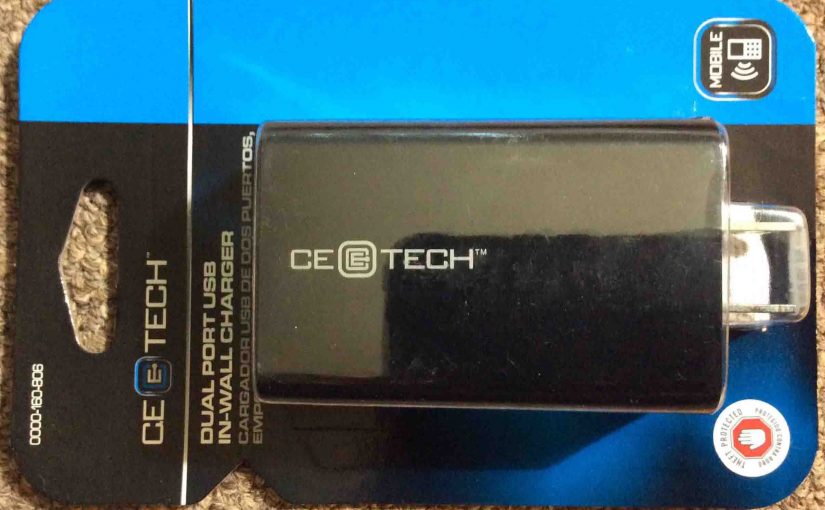 Picture of the CE Tech Electronics, dual port USB in-wall charger, in original package.