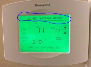 Picture of the touchscreen status area, displaying the "Joined Network" status message on the Honeywell RTH8580WF Wifi Thermostat, indicating the name of the Wifi network just joined. 