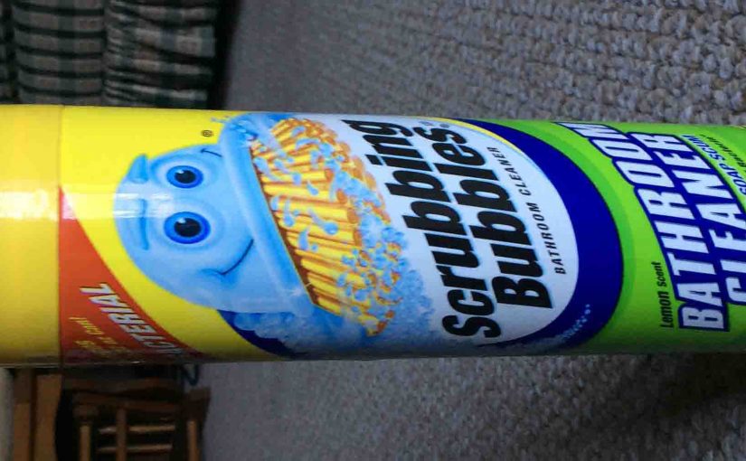 Picture of SC Johnson Scrubbing Bubbles anti bacterial bathroom cleaner, 25 ounce can, front view, shown horizontally.