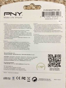 Picture of the PNY USB 2.0 Flash Drive 16 GB Back View of the original packaging. 