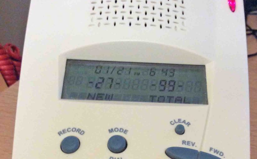Picture of the talking caller Id box from ClassCo, showing the top view, including the controls, message waiting light, speaker, and visual display.