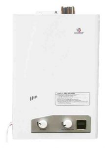Stock picture of the Eccotemp FVI-12-NG high capacity natural gas tankless water heater, front view.