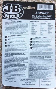 Picture of a pack of JB Weld steel epoxy back view, showing instructions, warnings, tips, and advice for use. 