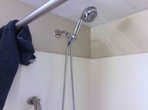 Picture of a Waterpik hand shower after installation, and working properly. 