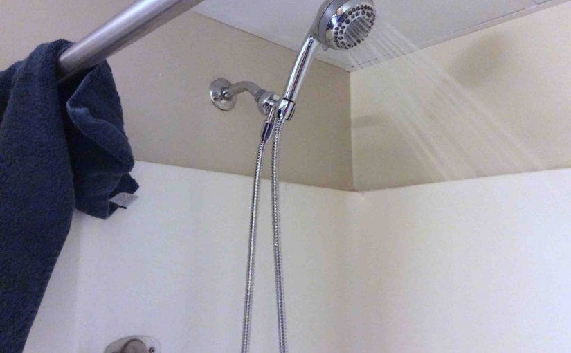 Picture of a Waterpik hand shower after installation, and working properly.
