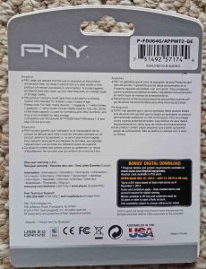Picture of the back of the package of a PNY Metal Atache iGo 64 GB USB flash drive.