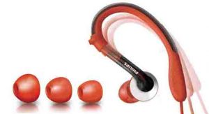 Stock picture of the Philips SHQ3000 sports action fit earhook headphones along with extra earcushions included.