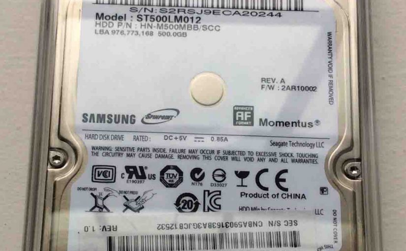 Picture of a Samsung Laptop HDD in USB enclosure, top view.