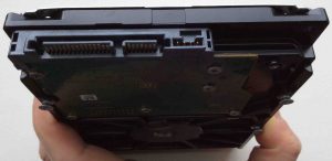 Picture of a Seagate Barracuda SATA 500 GB hard drive, showing the SATA port side. 