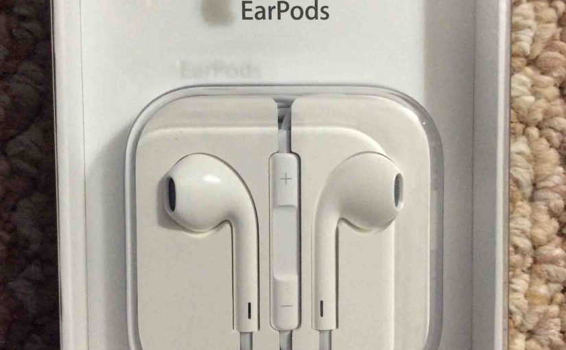 Picture of the Apple Earpods, earbuds, shown in original packaging, front.