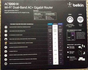 Picture of the back of the box for the Belkin AC 1200 DB Wireless Router. 