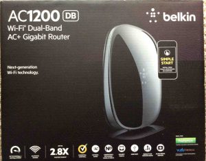 Picture of the front of the box for the Belkin AC1200 DB WiFi router. 