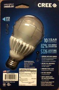 LED advantages and disadvantages. Picture of a CREE LED Light Bulb, 100 Watt, back of original carton. 
