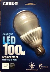 LED advantages and disadvantages. Picture of a CREE LED Light Bulb, 100 Watt, the Front of its original carton.