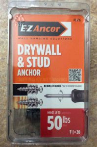 Picture of the front of a box of EZ Anchor Stud Solver drywall anchors.
