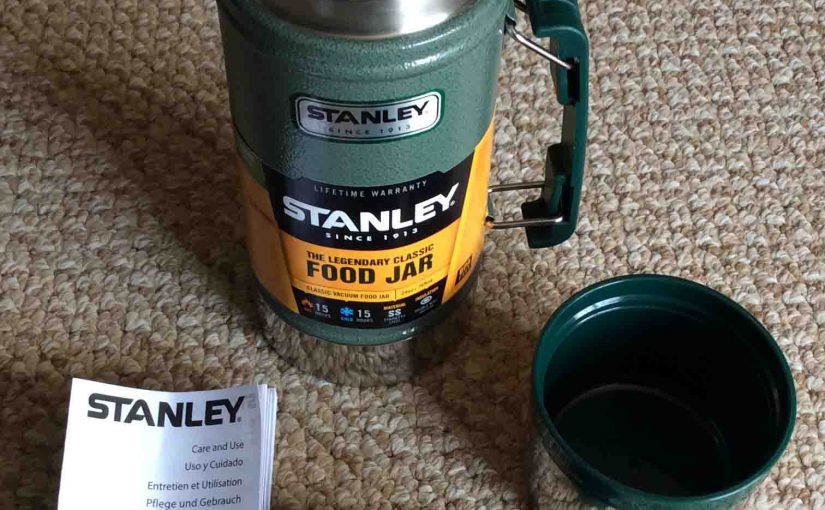 Picture of a disassembled 24 ounce Stanley Classic Series Vacuum Food Jar, that shows all included attachments.