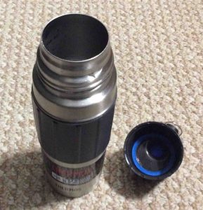 Picture of the Thermos double walled hydration bottle, with its cap removed. 