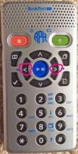 Picture of the Left and Right arrow keys on the APH Book Port Plus, circled in pink. 