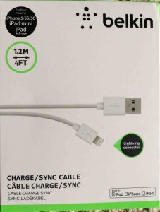 Picture of front of original package for the Belkin lightning USB cable.