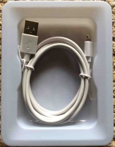 Picture of the Belkin lightning USB cable, as originally packaged. 