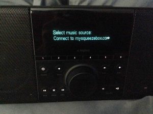 Picture of the Logitech Squeezebox Boom Radio, displaying the Connect To MySqueezebox.com option.