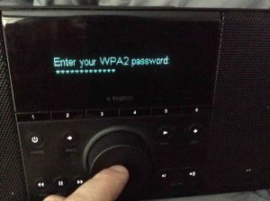 Picture of the "Enter Network Password" Screen, on the Logitech Squeezebox Boom Wi-Fi Radio.