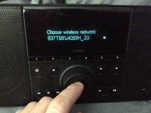 Picture of the In-Range Wireless Networks Screen, with the desired Wi-Fi network selected, on the Logitech Squeezebox Boom Internet Radio.