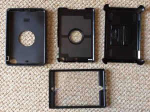Picture of the OtterBox Defender Series iPad Mini Protective Case Parts, prior to assembling. 