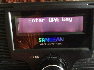 Picture of the Sangean WFR-20 Player, displaying the Enter Wireless Network Key screen.