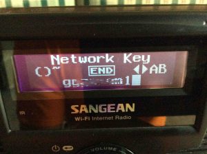 Picture of the Sangean WFR-20, displaying the Network Key screen, with a password entered. Note that the password characters have been blurred for security reasons.
