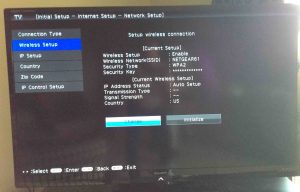 Picture of the Network Setup screen with Change button selected. How to connect Sharp Aquos TV to WiFi.