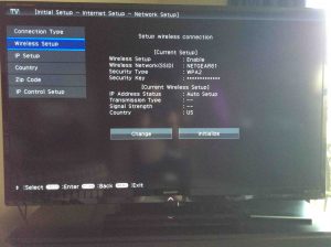 Picture of the TV, showing the -Wireless Setup- screen, when the TV is disconnected from saved wireless network NETGEAR61.