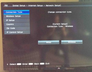 Picture of the Sharp Aquos Smart TV, displaying the Network Setup screen.