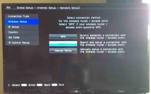 Picture of The -Select Connection Method- screen, with the -Search- button selected on the Sharp Aquos TV.