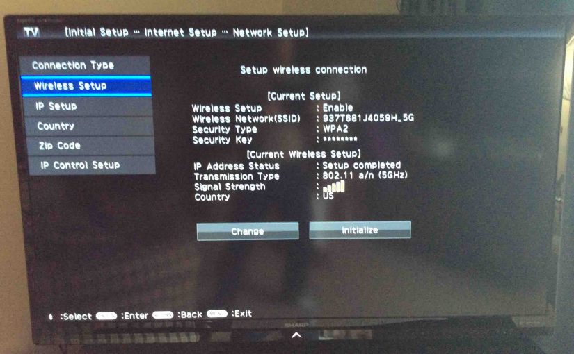 Picture of the Sharp Aquos Smart TV, displaying the Setup Wireless Connection screen, while successfully connected to a Wi-Fi network.