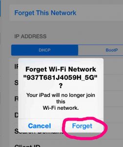 Picture of the '-Forget Network Confirmation'- dialog box, with the -Forget- button circled.