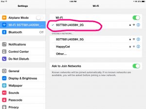 Picture of the Select Wi-Fi Network Screen on iOS, showing the newly connected network on the right side top area of this settings page.