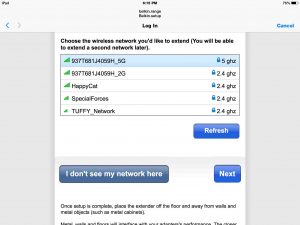 Picture of the extender, displaying the Select Wireless Networks To Extend screen, in Safari web browser.